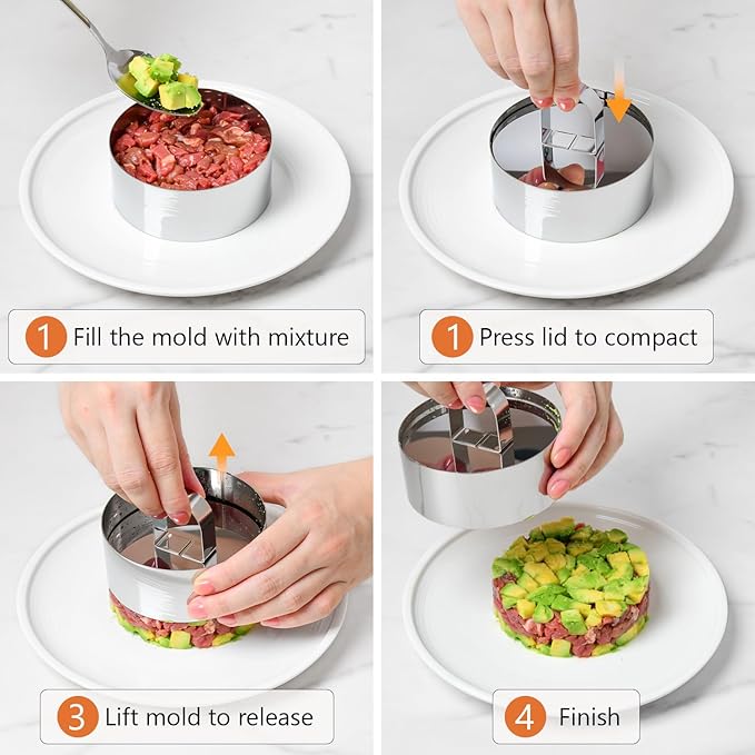 HULISEN Round Cake Ring Mold, Stainless Steel 4" Cooking Crumpet Rings with 1 Pusher & 4 Food Form, Tuna Tartare Mold for Pancake, Salad, Mousse