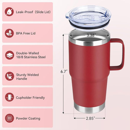 20oz Tumbler Bulk with Lid, Stainless Steel Tumbler Bulk with Handle, Metal Insulated Travel Coffee Mug Set with Handle, Double Wall Vacuum Leak Proof Tumbler Cup, Red 12 Pack