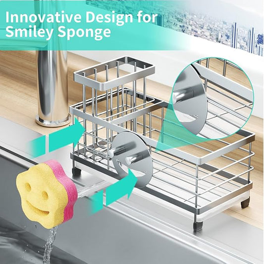 HapiRm Sponge Holder for Kitchen Sink - Self-draining Sink Caddy with Smiley Face and Brush Holder, Stainless Steel Kitchen Organizer for Countertop - Silver