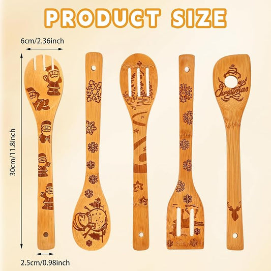 Wooden Utensil Set, Bamboo Utensils 5 pcs Wood Spoons for Cooking, Easy to Clean, Sturdy, Lightweight & Heat Resistant White Elephant Gift