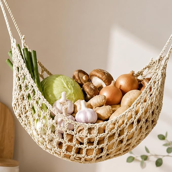 Hanging Fruit Hammock Under Cabinet with 4 Hooks - Macrame Boho Fruit Basket for Kitchen, Produce Net Storage to Save Counter Space, Ideal for Banana, Vegetable, Home, RV, Camper (Beige)