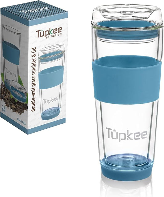 Double Wall All Glass Tumbler - 14-Ounce, Reusable Insulated Tea/Coffee Mug & Lid, Hand Blown Glass Travel Mug - Niagara - 2 Pack