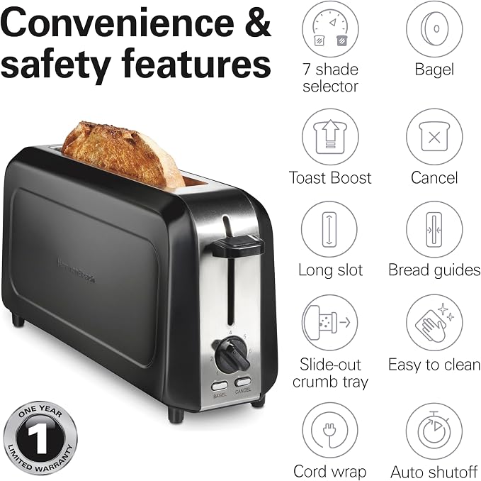 Hamilton Beach Extra Wide Long Slot 2 Slice Toaster, Browning Control With 7 Shades, Bagel Function, Cancel Button & Auto Shutoff, Modern Slim Design Fits Any Space, Black (22989)
