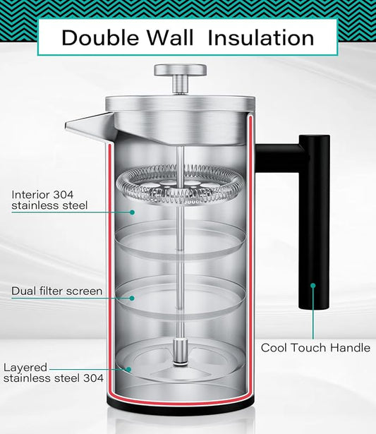 Coffee Gator 304 Grade Stainless Steel French Press Coffee Maker 34 oz, Double Wall Insulated Hot Cold Brew Teapot with 4-Level Filtration System, Include Travel Jar Canister, Rust-Free, Travel, Black