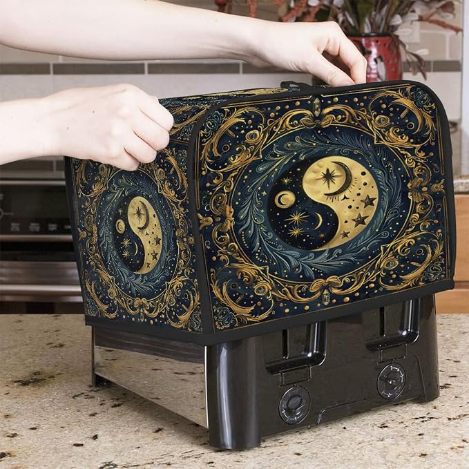 4 Slice Yin Yang Gold Ethnic Toaster Cover Waterproof Dust Fingerprint Bread Machine Cover Washable Kitchen Appliance Protector For Home Kitchen Bakeware Table Decor Women Gifts