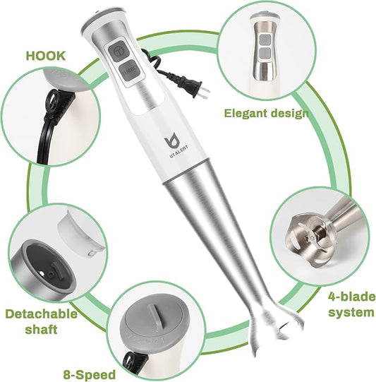 Immersion Hand Blender, UTALENT 5-in-1 8-Speed Immersion Blender with 500ml Food Grinder, 600ml Container,Milk Frother,Egg Whisk,Puree Infant Food, Smoothies, Sauces and Soups - White