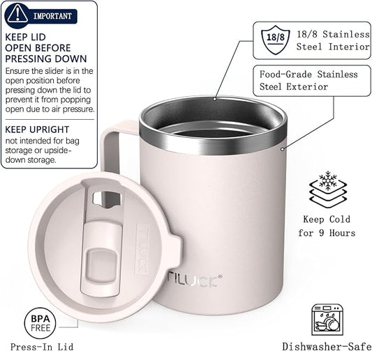TILUCK 12 oz Insulated Coffee Mug with Lid, Double Wall Vacuum Insulated Travel Mug Cup with Handle for Hot or Cold Drinks(12oz,Matte SakuraPink)