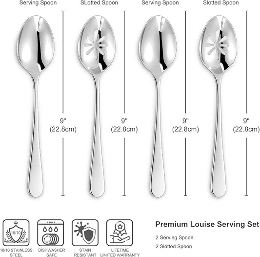 KEAWELL Louise Premium 2 Piece Serving Spoons and 2 Piece Serving Slotted Spoons – 9 inches – 18/10 Stainless Steel - Uniting Elegance and Durability - Exquisite Serving Utensils for Parties