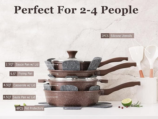SENSARTE Nonstick Cookware Set 13-Piece, Healthy Pots and Pans Set Kitchen Cooking Set with Stay-Cool Handles, Silicone Utensils and Pot Protectors, PFOA Free