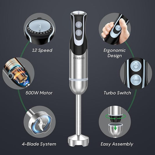 Immersion Blender Handheld, Stainless Steel Hand Electric Stick Mixer with 12-Speeds & Turbo Mode, Powerful 500W Emulsion Blender with Beaker, Chopper & Whisk for Smoothie, Puree, Baby Food