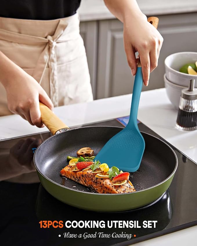 Kitchen Utensils Set, 13PCS Silicone Cooking Utensils, Heat Resistant Kitchen Utensil Spatula Set for Nonstick Cookware, Wooden Handles Kitchen Gadgets Tools Set (BLUE)