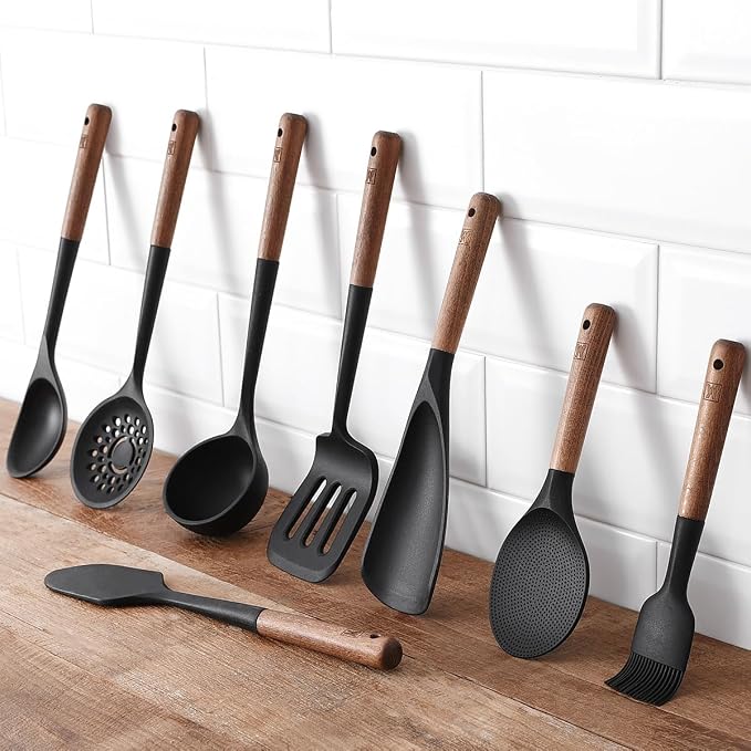 WAGENSTEIGER Set of 2pc Silicone Cooking Utensils: Wooden Handle Cooking & Serving Spoon+ Multi-Purpose Cooking Spoon, Heat Resistant Cooking Utensil, BPA Free, Safe Material for All Cooking Surfaces