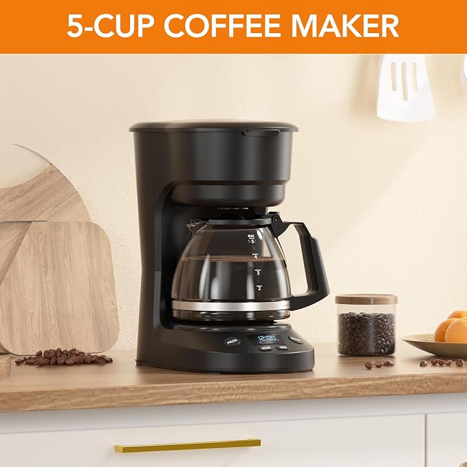 Electactic 5-Cup Drip Coffee Maker, a compact coffee machine with a digital clock and 24-hour programmable timer, featuring Auto Shut-Off, and a Removable Filter Basket for Home & Office-Deep Black