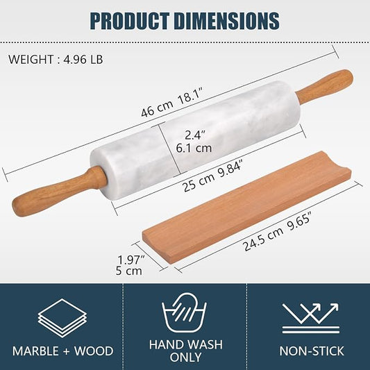 Marble Rolling Pin With Stand, 18.1-Inch Polished Non-Stick Stone Dough Roller With Wooden Handles for Baking Pasta, Pizza, Cookies, Pie Crust, Kitchen Pastry Tools (1, Light Grey, 18.1)