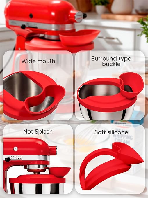 Silicone Kitchen Aid Splash Guard for Stand Mixer & Tilt Head Mixer, 4.5-5QT Mixing Bowl Pouring Shield & Flour Funnel, Kitchen Aid Accessories and Attachments - (Red)