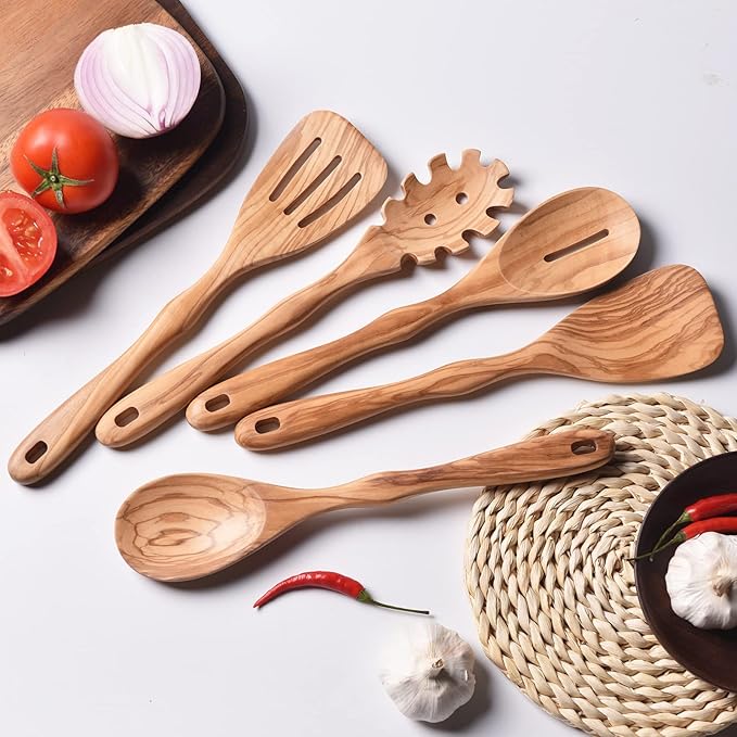 Gudamaye 12 inch Olive Wooden Utensils for Cooking, Long Handle Wooden Spoons, 6 Pieces Crafting Wooden Spoon Set, Natural Olive Wood Kitchen Utensil Set