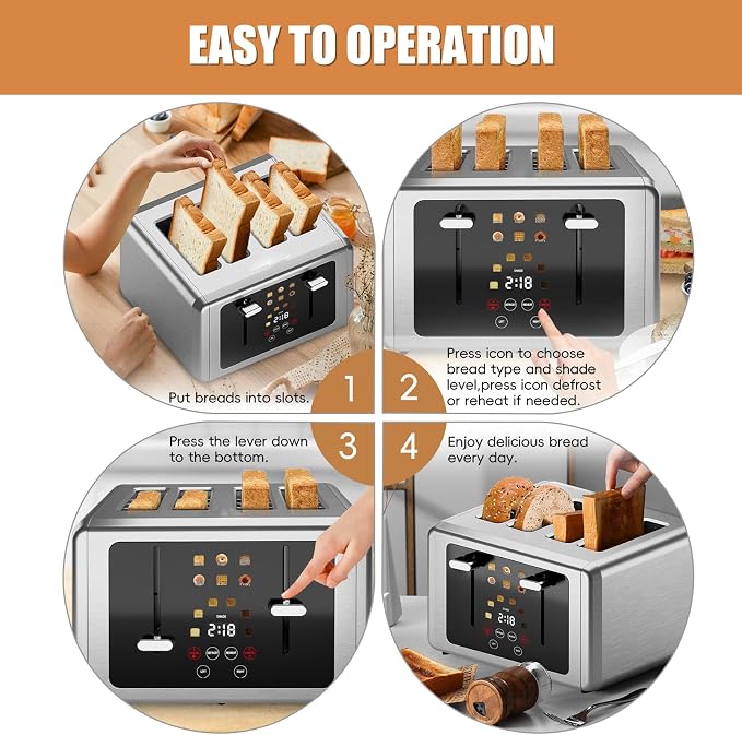 WUNLY Smart Digital 4 Slice Toaster with Touchscreen,Extra Wide 1.5" Slots for Bagel, 6 Bread & Browning Settings, Defrost/Reheat & Sound Control, Stainless Steel