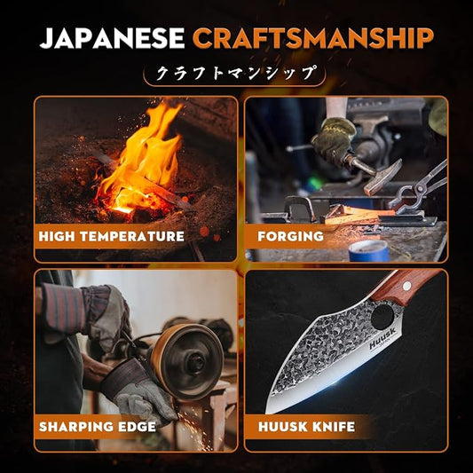 Huusk Hand Forged Meat Cleaver - Butcher Knife for Meat Cutting, Japanese Kitchen Viking Knife with Sheath, Cooking Knives for Kitchen and Outdoor Camping, Thanksgiving Christmas Gifts