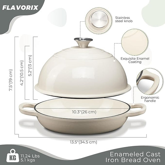 Cast Iron Bread Oven for Sourdough, 6Qt Bread Baking Pan with Lid, Enameled Sourdough Dutch Oven for Bread Baking, Oven Safe up to 482℉, White