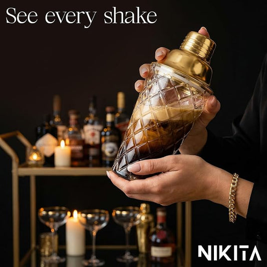 Nikita Cocktail Shaker, 5-Piece Martini Shaker & Bartender Kit with Bar Accessories Strainer, Jigger, Spoon & Muddler, Gold 16oz Drink Mixer with Bartender Accessories