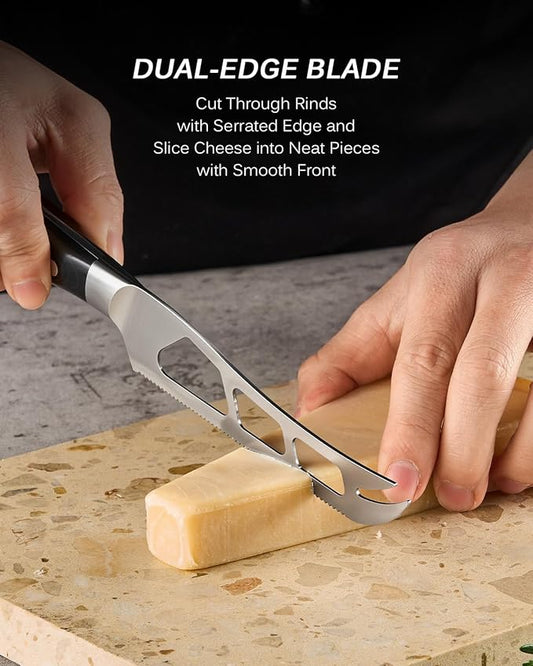 KYOKU 5 in. Serrated Cheese Knife, Samurai Series Cheese Slicer with Hollow Blade Pakkawood Handle, German 1.4116 Stainless Steel Full Tang Knife for Hard Cheese with Protective Sheath & Gift Box