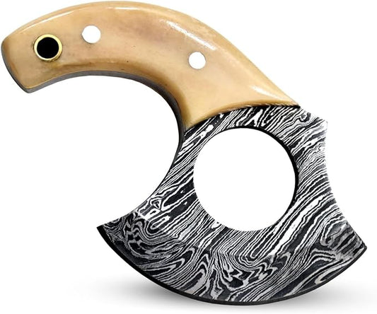 Custom Damascus Steel Ulu Knife Traditional Alaskan Ulu Multi-Purpose Pizza Cutter,Vegetable Chopping, Boning Slicing Cutting Camel Bone Handle Leather Sheath (SUB-03)