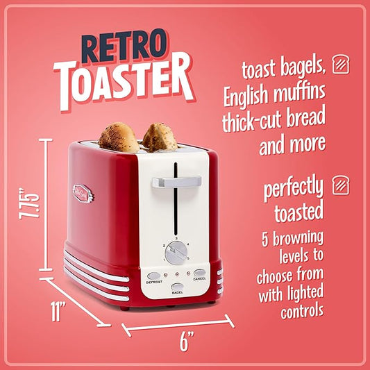 Nostalgia Retro Wide 2-Slice Toaster, Vintage Design With Crumb Tray, Cord Storage & 5 Toasting Levels, Red