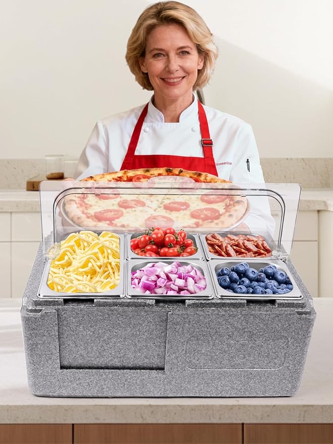 Pizza Topping Station 7 Pans Salad Bar Buffet Station Insulated Cold Food Buffet Server with Ice Packs Lids Buffet Containers Set Platter Box for Party Buffet Keeping Food Cold