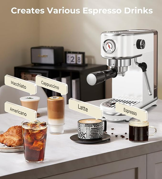 Atatix 20 Bar Espresso Machine with Milk Frother, Professional Compact Espresso Maker, Stainless Steel Coffee Machine with Precise Temp Control & 44oz Removable Water Tank for Latte, Cappuccino, White