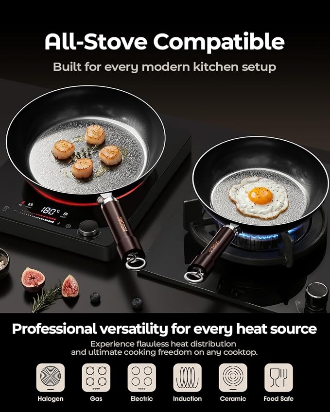 10 Inch Auto-Seasoning Nitrided Carbon Steel Pan, Professional Skillet for Induction Stovetop and Daily Searing, Pre-seasoned Frying Pan, Wooden Handle, PFAS & PFOA-Free