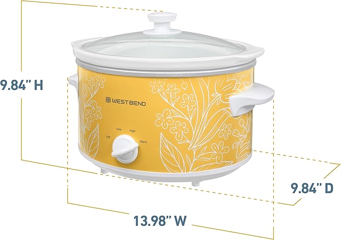 West Bend 4-Quart Manual Slow Cooker with 3 Cooking Settings, Dishwasher-Safe Ceramic and Glass Lid, 210 Watts, Yellow