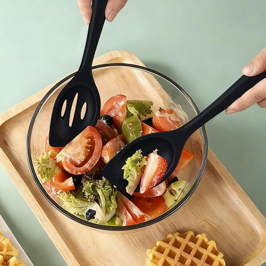Silicone Kitchen Spoons Set - 2 Pack Heat-Resistant Utensils (Slotted & Solid Spoon) for Cooking, Baking - Non Stick, Dishwasher Safe (Black)