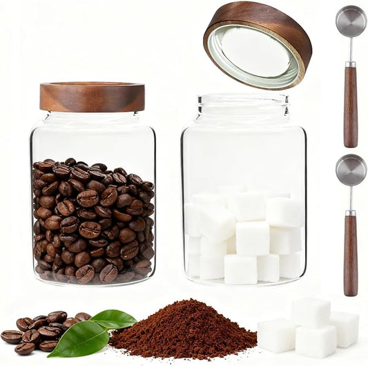 60 oz Glass Coffee Jars with Wooden Airtight Lid Spoon Clear Herb Ground Canister Round Food Storage Container for Sugar Pantry Flours Tea Coffee Bean Spice Cookies (1800ml/60oz-2PACK(with spoon))