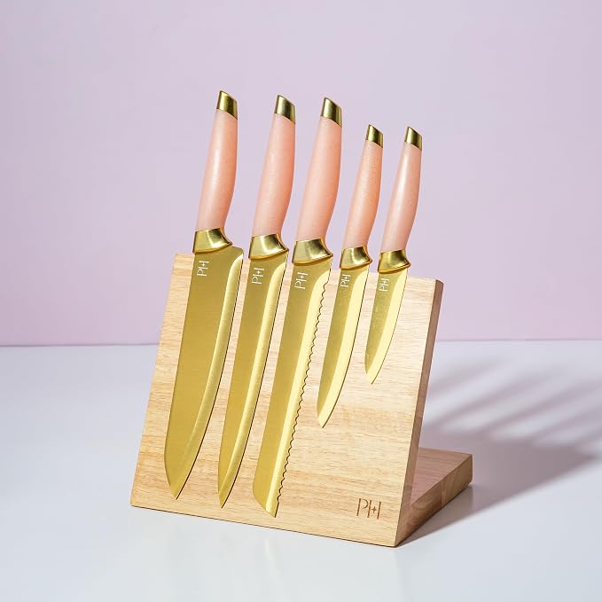 Paris Hilton Knife Block Set with Magnetic Wooden Knife Block, High Carbon Stainless Steel Blades with Titanium Coating, Sleek Comfortable Grip Handles, 6-Piece Set, Pink and Gold