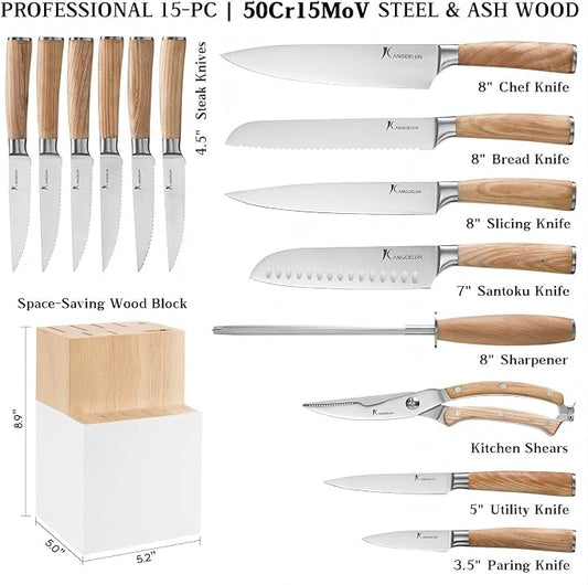 Kangdelun Ultra Sharp 15-Piece Kitchen Knife Set, High Carbon Stainless Steel Blades, Torrefied Natural Wood Handles, Ergonomic Design, Space-Saving White-Finished Wood Block, Easy Hand Wash, Gift Box