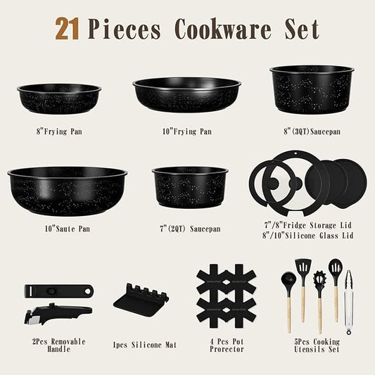 Umite Chef 21Pcs Pots and Pans Set Non Stick, Nonstick Ceramic Cookware Sets Detachable Handle, Non Toxic Healthy Induction Cookware, Kitchen Cooking Set, with Frying Pans Set, Dishwasher/Oven Safe
