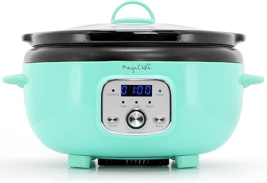 MegaChef 3.7 Quart Oval Electric Digital Slow Cooker with Black Stoneware Crock, Adjustable Timer & Temperature Control, Delay, High, Low & Warm Settings - Versatile Cooking Appliance (Turquoise)