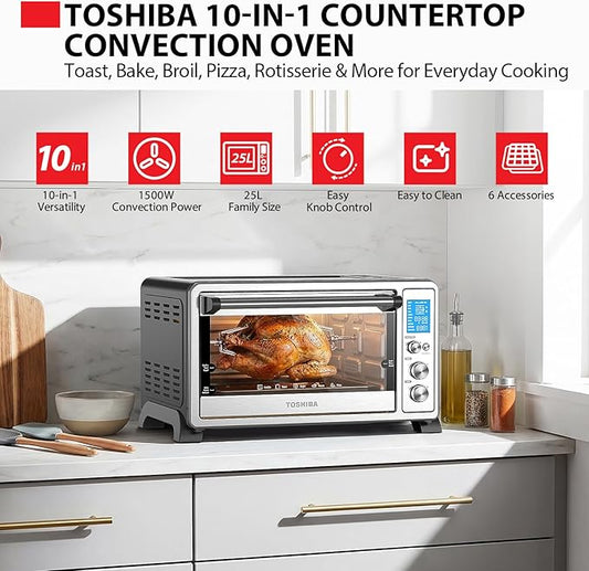 TOSHIBA 10-in-1 Convection Toaster Oven, 6-Slice Countertop Oven, 1500W with Toast, Bake, Broil, Rotisserie & Pizza Functions, LCD Knob Controls, 6 Accessories, Stainless Steel