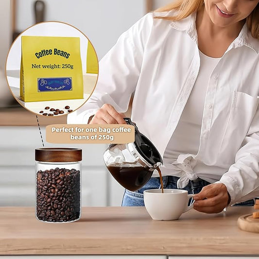 28 Fl oz/850 ml Glass Food Storage Jar, Premium Clear Glass Container Jar with Airtight Screw-on Wooden Lid, Kitchen Canisters for Coffee,Tea,Pasta,Cookies, Nuts,Spice,Candy,Overnight Oatmeal(Medium)