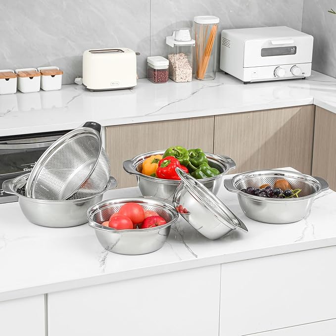Paoli 304 Stainless Steel Fine Mesh Colander Set, 4QT Large Capacity Strainer with Mixing Bowl — Rinse Fruits, Veggies, Rice & Drain Pasta, Dishwasher Safe (2-Piece Gold)