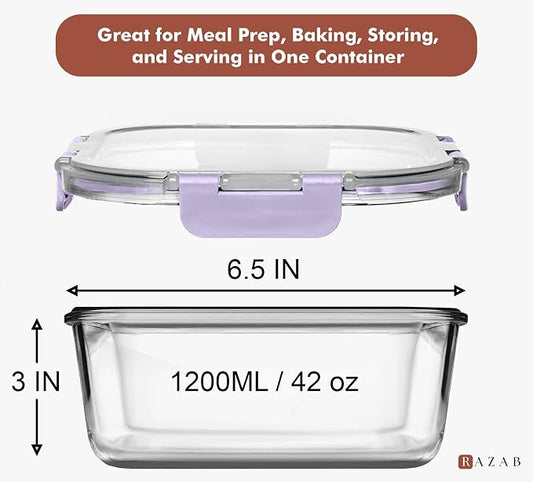 Razab 2 PC 1200ML / 41 Oz Glass Food Storage Containers with Lids - Airtight & Leakproof - Microwave/Oven/Freezer Safe - BPA Free - Ideal for Meal Prep, Storing Leftover & Lunch
