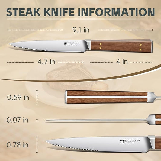 Purple Dragon Serrated Steak Knives Set of 4 - High Carbon German Steel Steak Knife Set with Square Wooden Handle - Effortless Cutting - Christmas Gift for Men and Women
