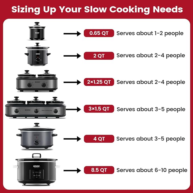 KOOC 4-Quart Slow Cooker, 3 Cooking Settings, Dishwasher Safe Ceramic Crock, Lid, Free Pot Liners Included, RED, Ellipse Pot
