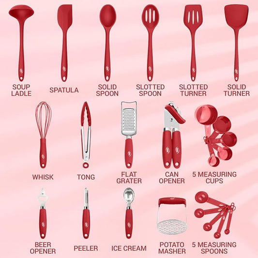 Kaluns Silicone Kitchen Utensils Set 24 Pcs Cooking Utensils Set - Can Opener, Masher, Turner, Spatula 446°F Heat Resistant Non-Stick - Premium Silicone and Stainless Steel Utensil Set