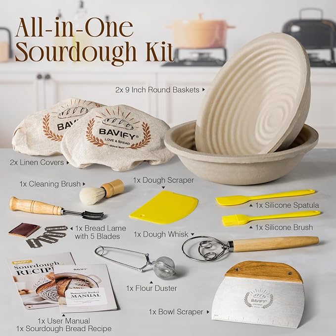 Wood Pulp Banneton Bread Proofing Baskets, 9" Round Sourdough Basket | 2.2LB Capacity, Sourdough Kit with Linen Covers, Dough Whisk, Scraper, Bread Lame & Flour Dredger