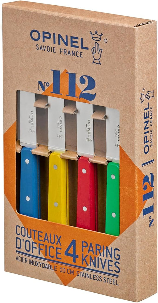 Opinel No. 112 Paring Knives Box Set, 4 Piece Paring Knife Set, High Carbon Steel for Chopping, Peeling, Slicing, Trimming, Painted Hornbeam Handles, Made in France (Classic), One Size, (001233)