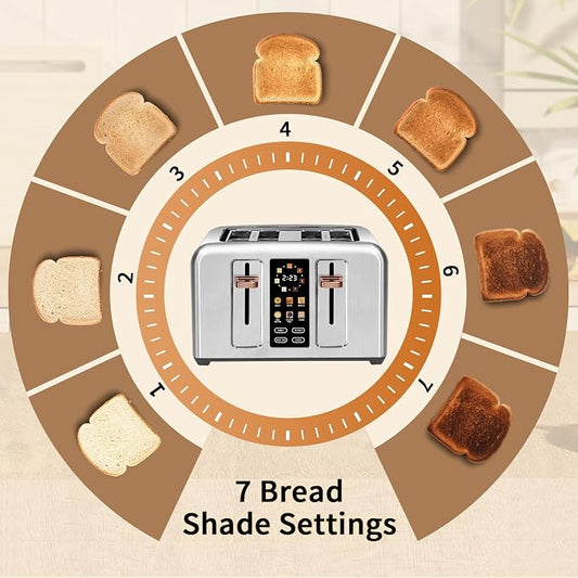 SEEDEEM Toaster 4 Slice, Full Touch control Toaster, LCD Display, 6 Bread Type, 7 Shade Settings, 1.4''Wide Slots,More Time Function, Removable Crumb Tray, 1800W, Silver Metallic