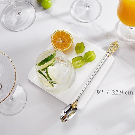 KEAWELL Luxurious 9 Inch Long Iced Tea Spoon Set - 4 Pieces - Gorgeous Design with Exceptional Mirror Polished Finish - 18/10 Stainless Steel- Perfect for Tall Glasses, Cocktails (Gold Accent)