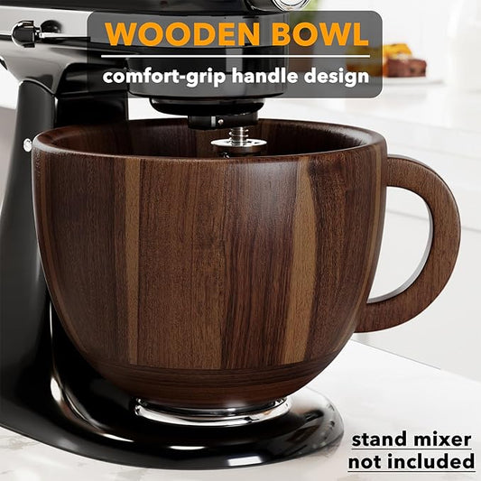 SpaceAid Wooden Bowl with Handle, Kitchen Space Aid Acacia Wood Mixing Bowls Holder for Stand Mixer, Compatible with 4.5 & 5 QT Tilt-Head Models Kitchen, Natural Wood