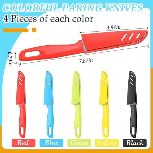 Lothee 20 Pcs Paring Knife Bulk, 5 Colors Fruit & Vegetable Knife, Stainless Steel, Ultra Sharp, Plastic Handle, 3.94 Inches